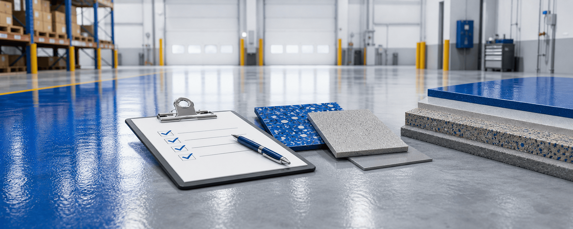 Industrial epoxy flooring, coating samples, and a technical project checklist